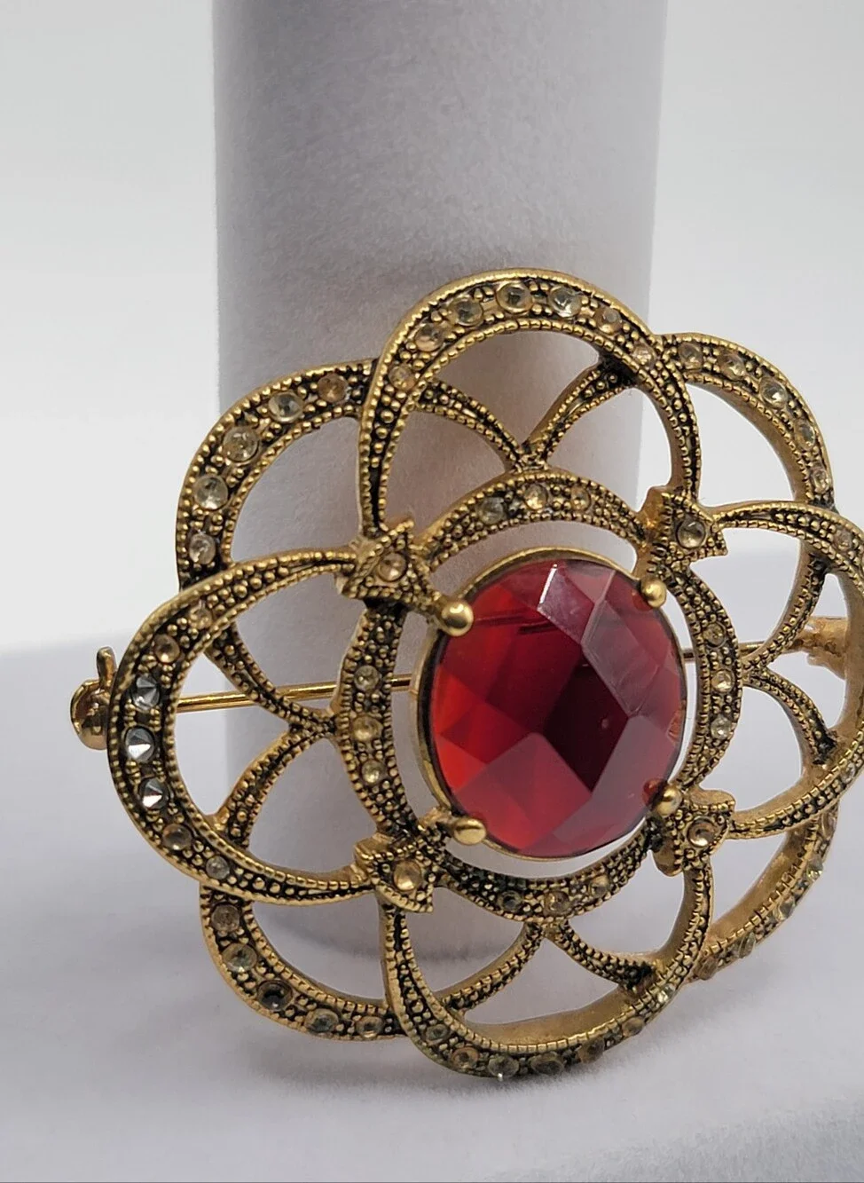 Vintage Monet Silver Tone Filigree Red Glass Brooch 1930s-1955s